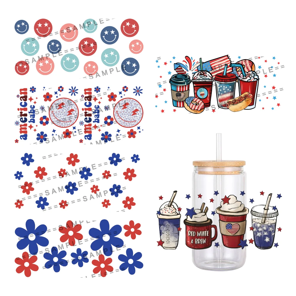 USA Independence Day Designs UV DTF Transfer Sticker Waterproof Transfers Decals For 16oz Glass Cup Wrap Stickers