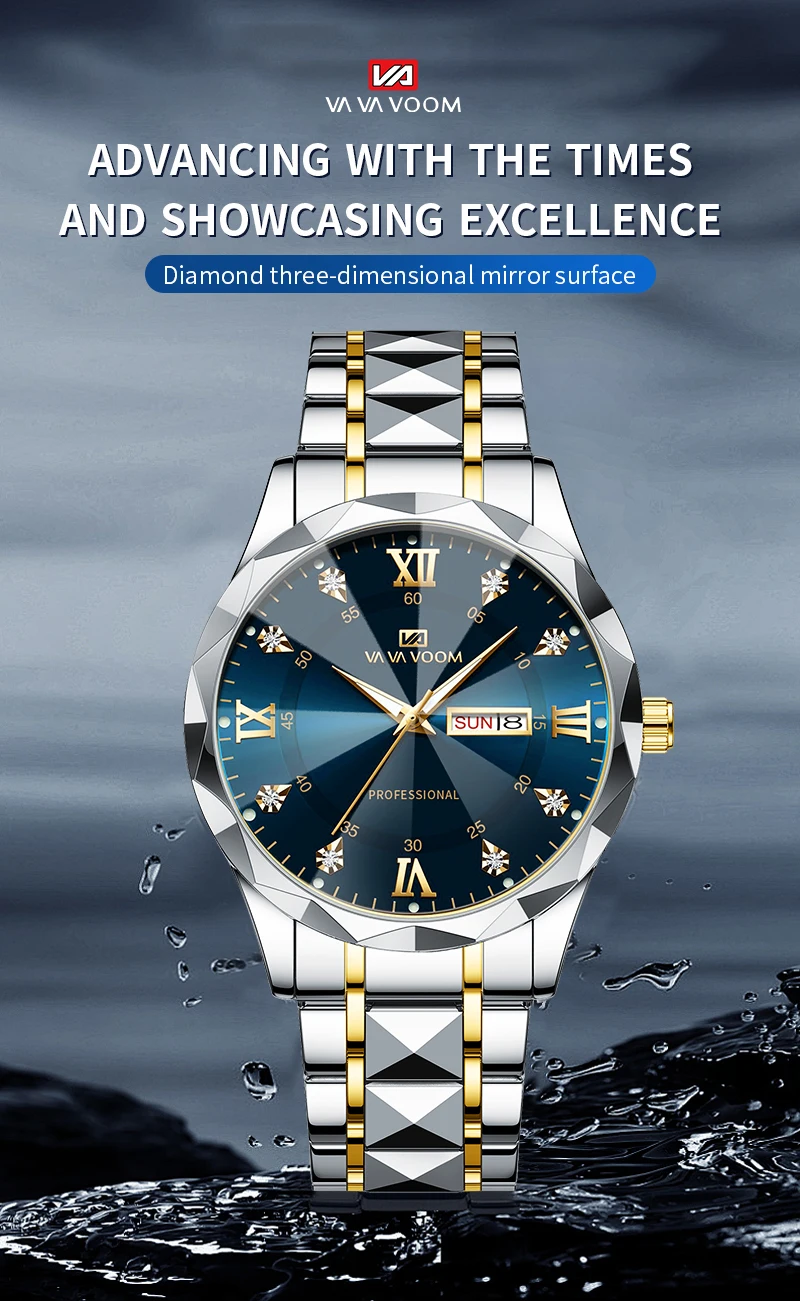 Front view of luxury men's watch with blue gold dial