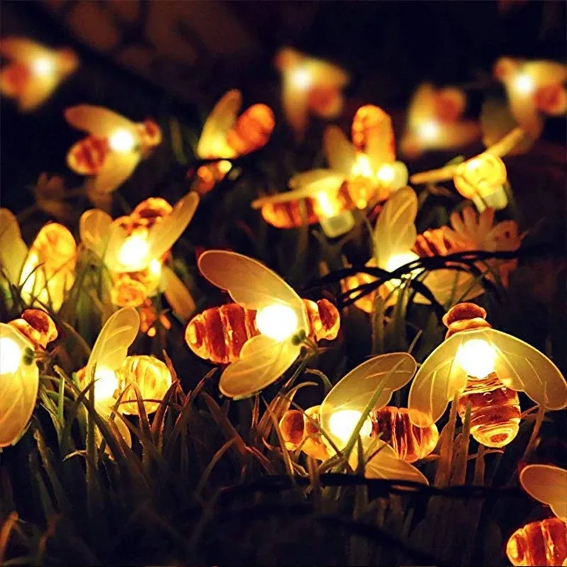 

New Solar Powered Cute Honey Bee Led String Fairy Light 20leds 50leds Bee Outdoor Garden Fence Patio Christmas Garland Lights