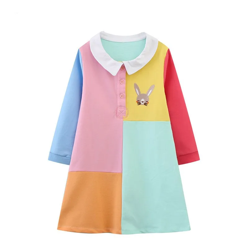 

Jumping Meters 2-7T Collar Princess Girls Dresses Autumn Spring Party Animals Embroidery Long Sleeve Costume Kids Clothing