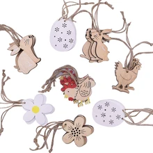 

8PCS DIY Rabbit Handcraft Eggs Chicken Flowers Wooden Easter Decorations Hanging Ornaments Easter Wood Chips Gift Candy Box Deco