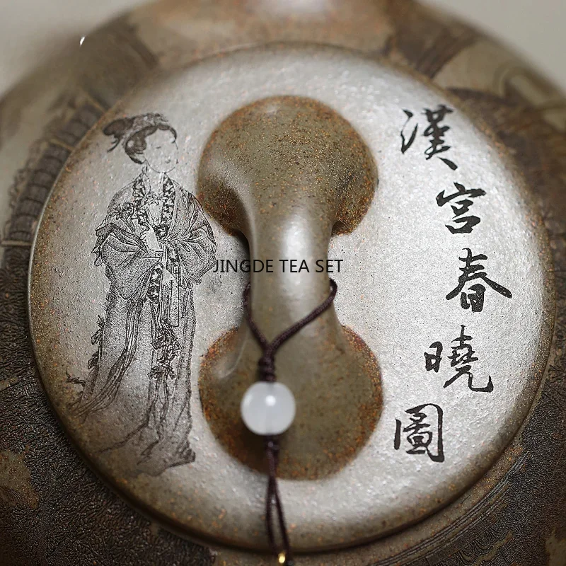 570ml Handmade Purple Clay Teapot Original Ore Agarwood Mud Dragon Kiln Firewood Burning Scenery Boat Teapot Brewing Kun