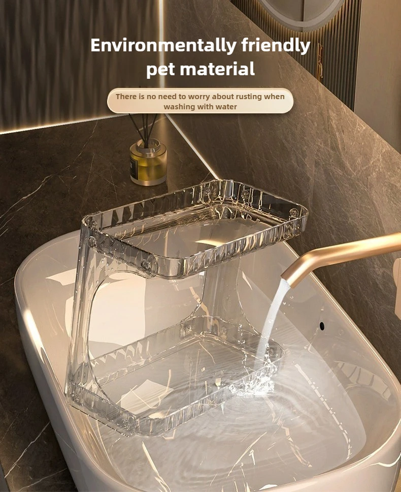 White double-layer bathroom rack holding skincare bottles and cosmetics, with items neatly organized on both tiers.