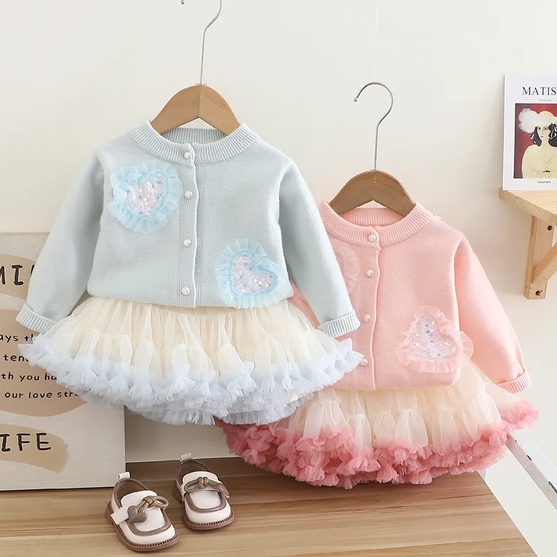 

Girls Princess Clothes Kids Baby Girl Sequins Cardigan Sweater and Tutu Dress Clothes Suit for Children Girls Sweet Outfits 2-7Y