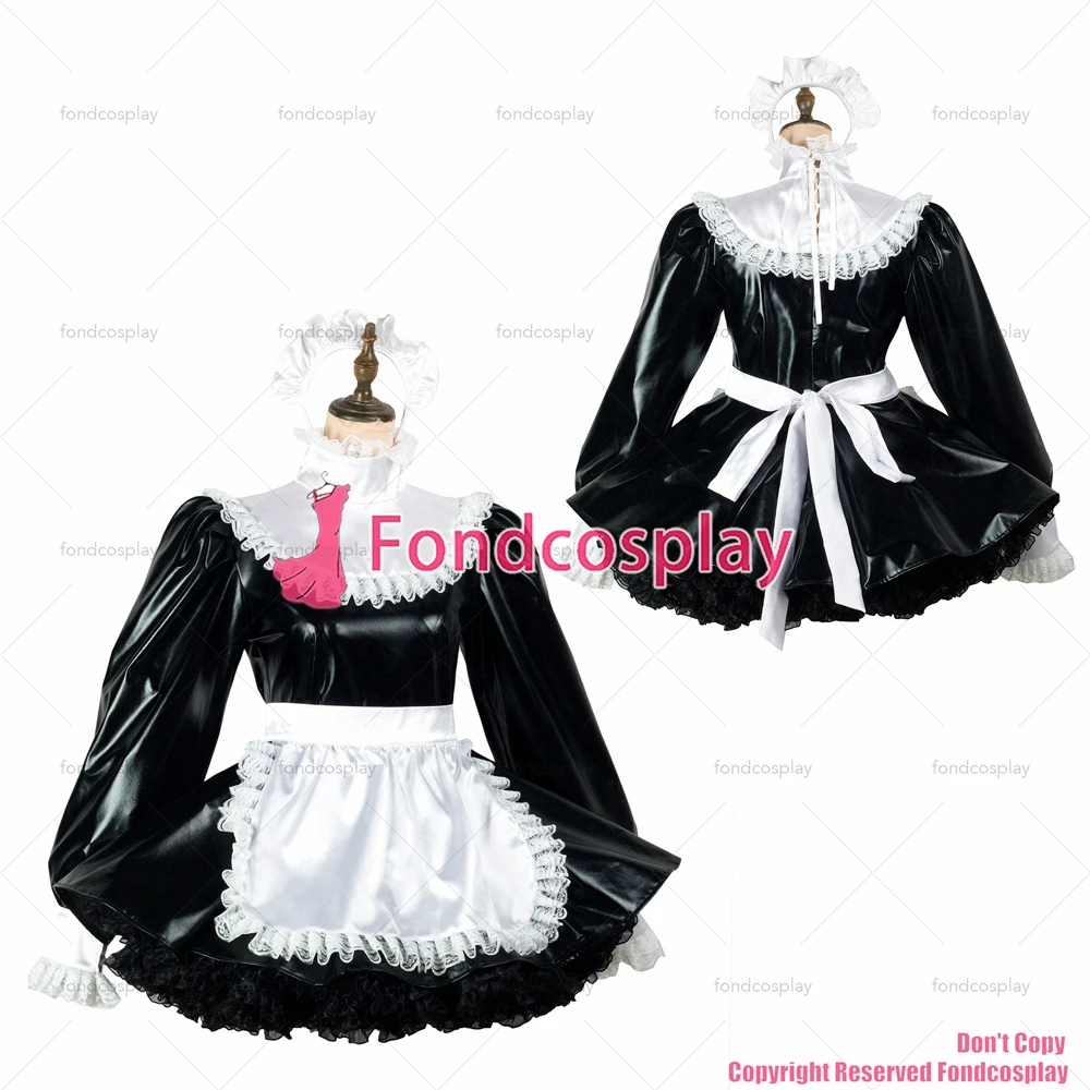 Fondcosplay Adult Sexy Cross Dressing Sissy Maid Black Thin Pvc Dress Lockable Uniform White