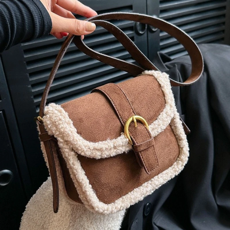 Autumn Winter Plush Bag Women's Korean Retro Small Square Handbags New Suede Lamb Wool Patchwork Shoulder Crossbody Bags