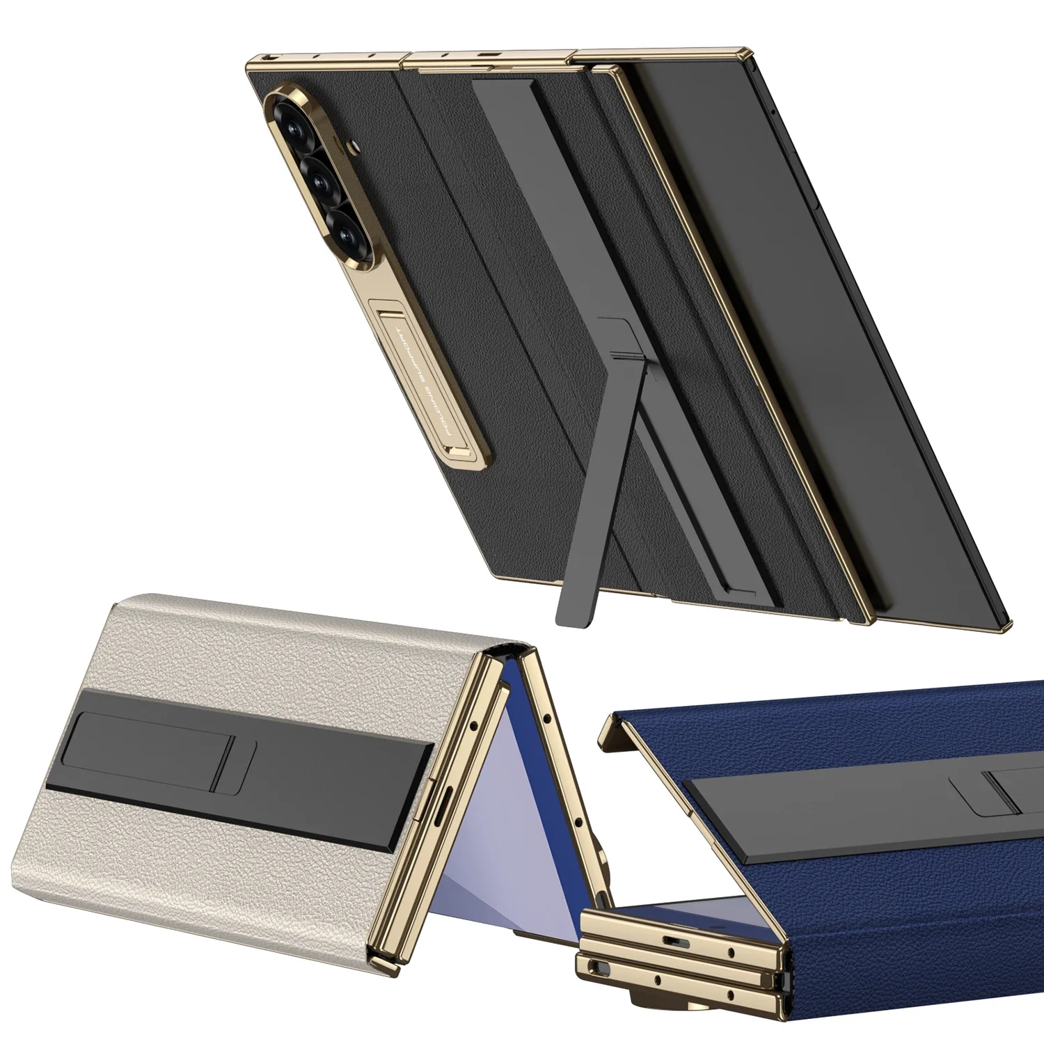 Premium TriFold Magnetic Leather Flip Phone Case with 9H Glass Protector & Kickstand Bracket