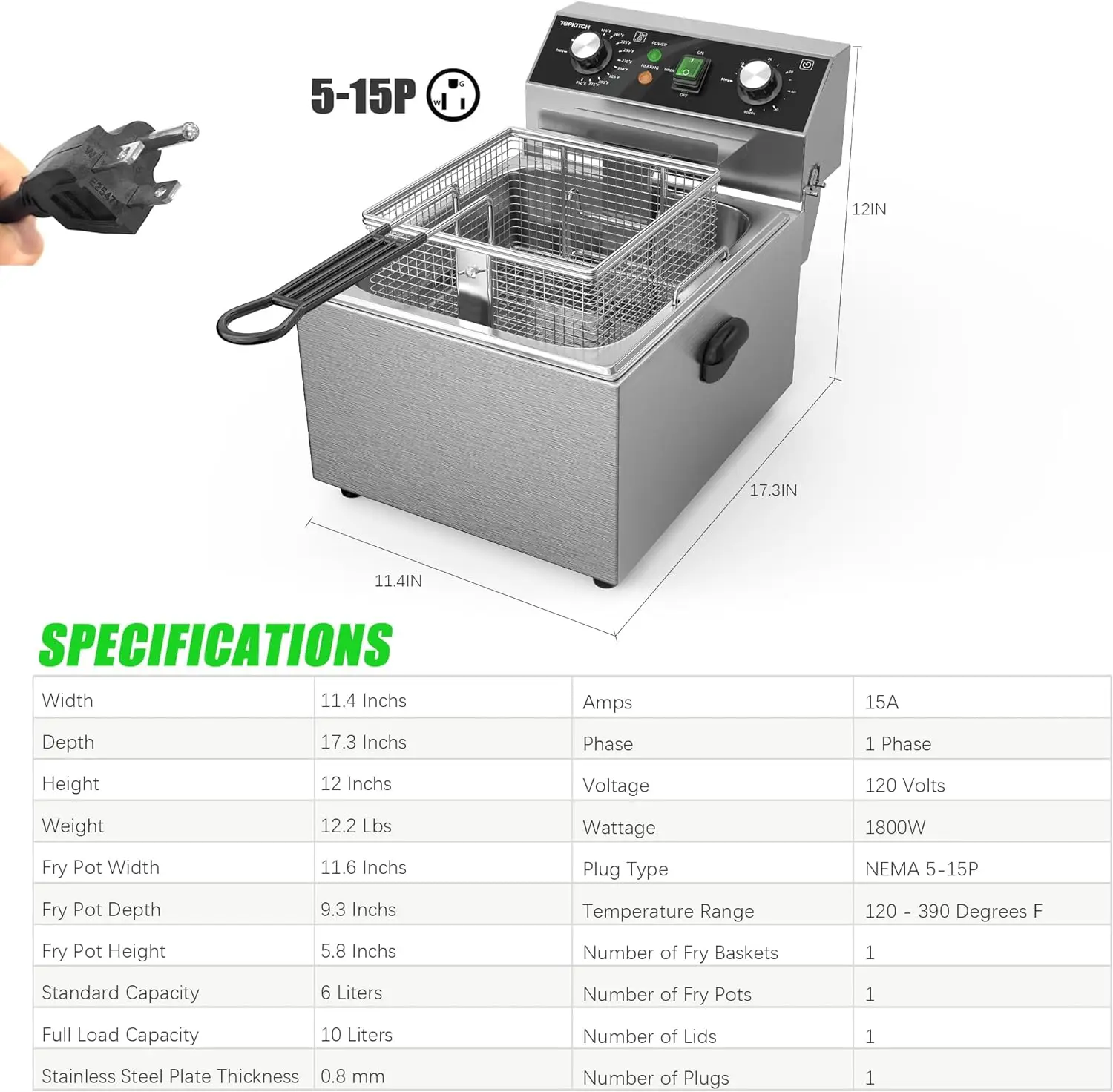 Electric Deep fryer Stainless Steel with Basket & Lid Capacity 10L(10.5QT) Countertop Fryers for Home Kitchen and Restaurant wit