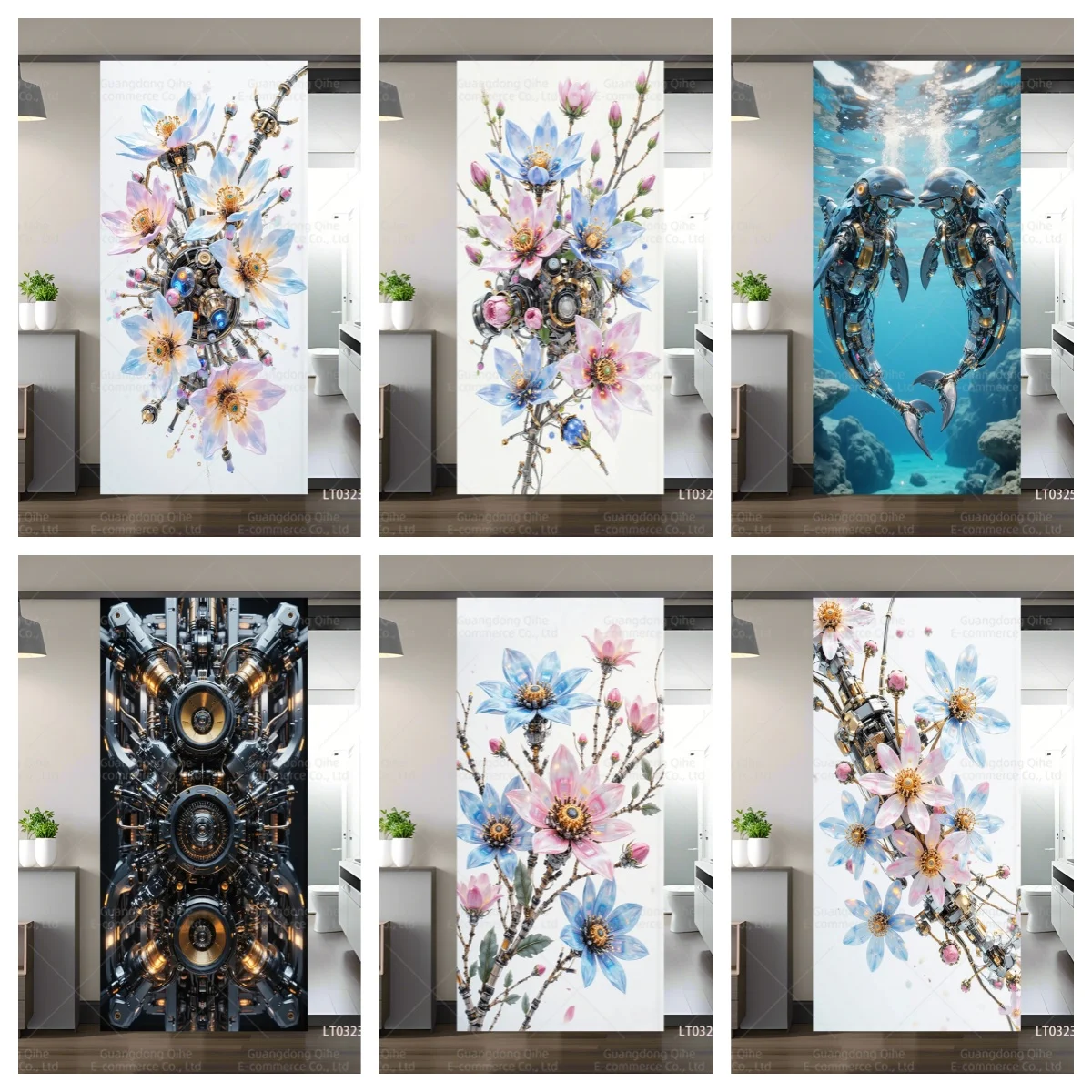 꽃무늬 시계 & 이국적인 풍경 PVC 도어 데칼, 방수 벽 아트 스티커, 가정 침..