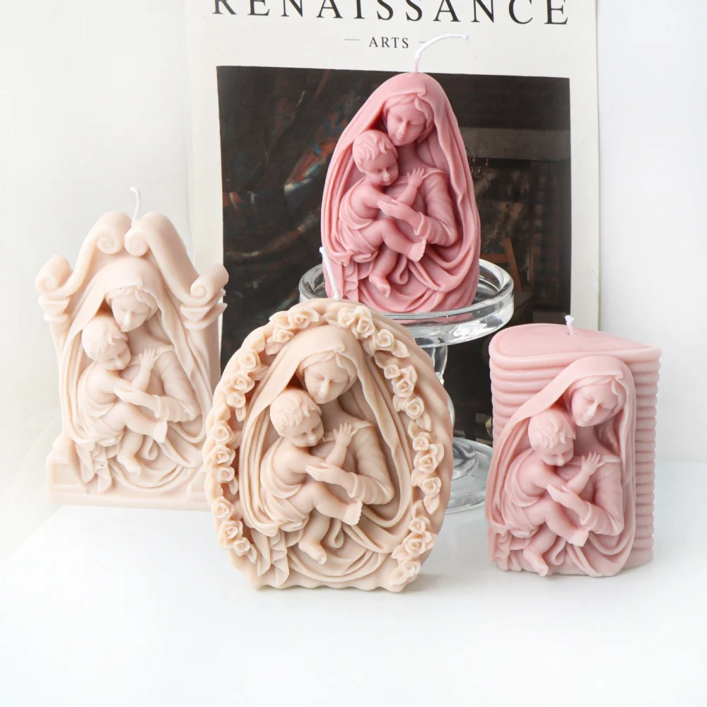 DIY Virgin Mary Holds Baby Jesus Silicone Candle Mold Mother Hug Child Statue Plaster Craft Tool Religious Figurine Decoration