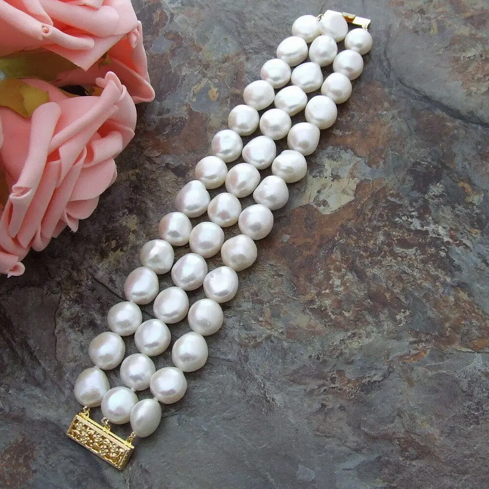 

Handmade charming 3strands 11-13mm white genuine natural baroque freshwater aquaculture pearl bracelet 20cm fashion jewelry