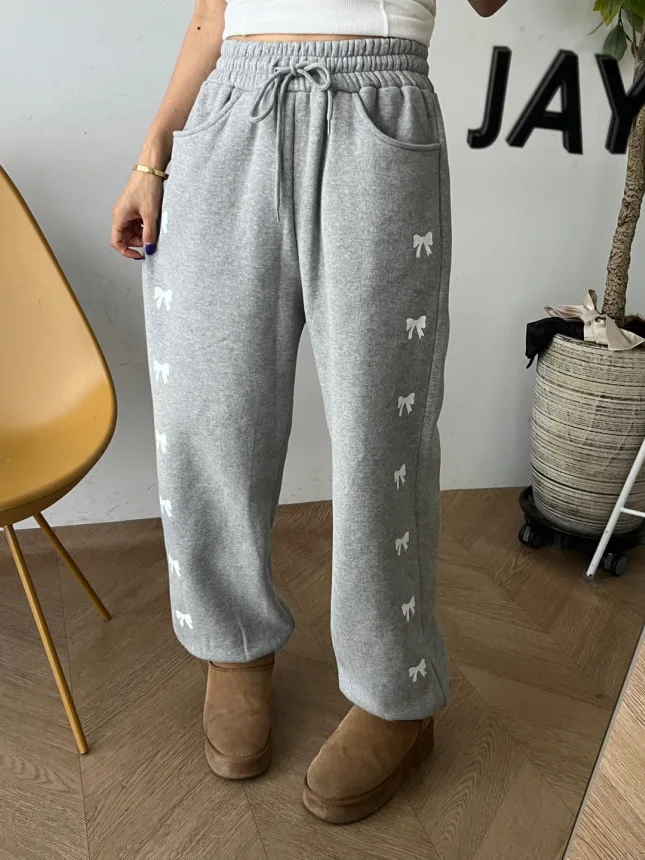 High Waist Elastic  Knot Print Sports Casual Pants Women Loose Fce Straight Leg Tied Cuffed Trendy Trousers