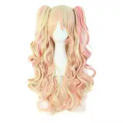 Vibrant Ombre Two - Tone Long Wavy Cosplay Wig with Ponytails (Yellow and pink)