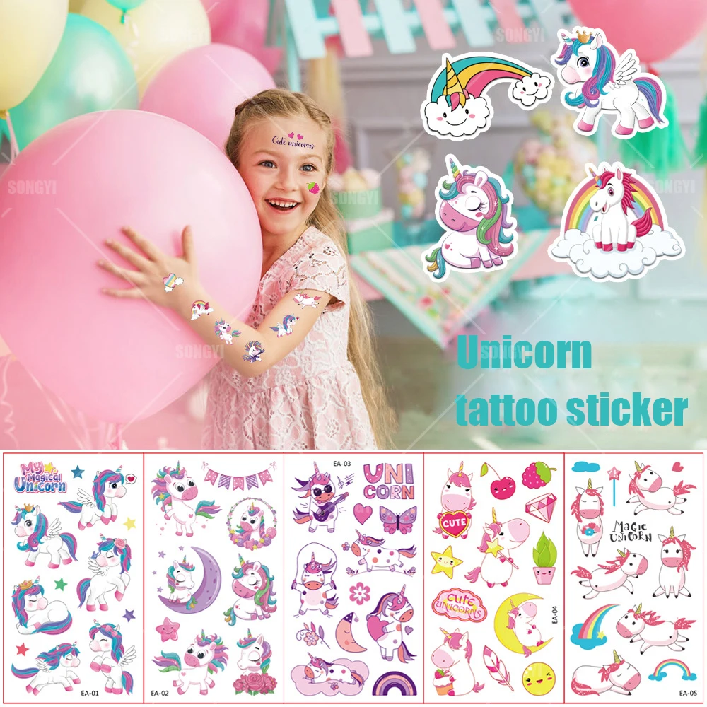 

10Sheets/lot Children Cute Cartoon Unicorn Temporary Tattoo Stickers Baby Shower Kids Body Makeup Sticker Tattoos Mermaid Party