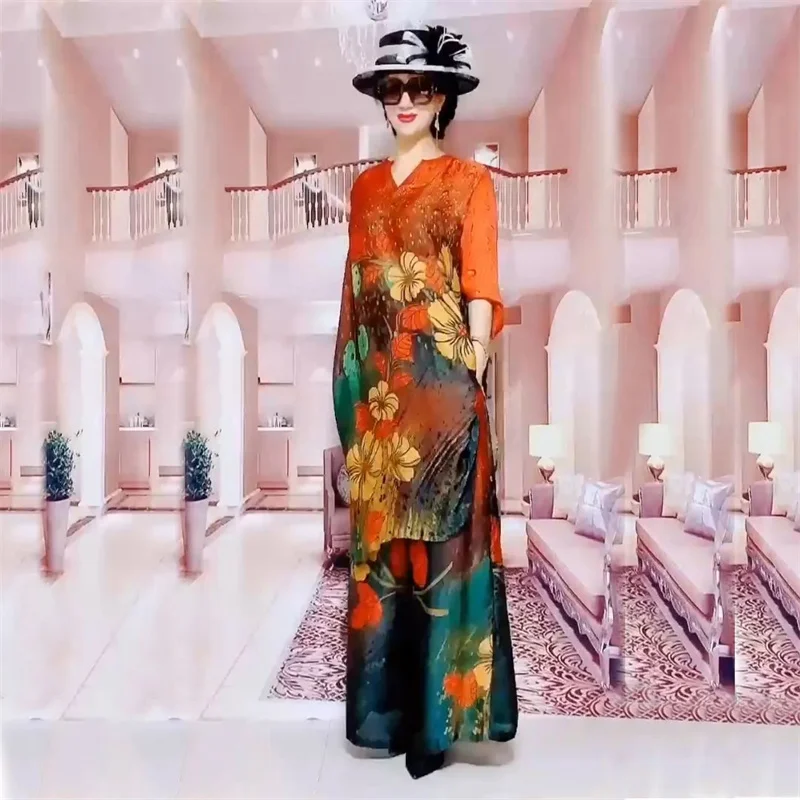 2023 New Bohemian Belly Covering Silk Wide Leg Pants Set for Women Spring Summer New Western Silk Fashion and Slim Two Piece Set
