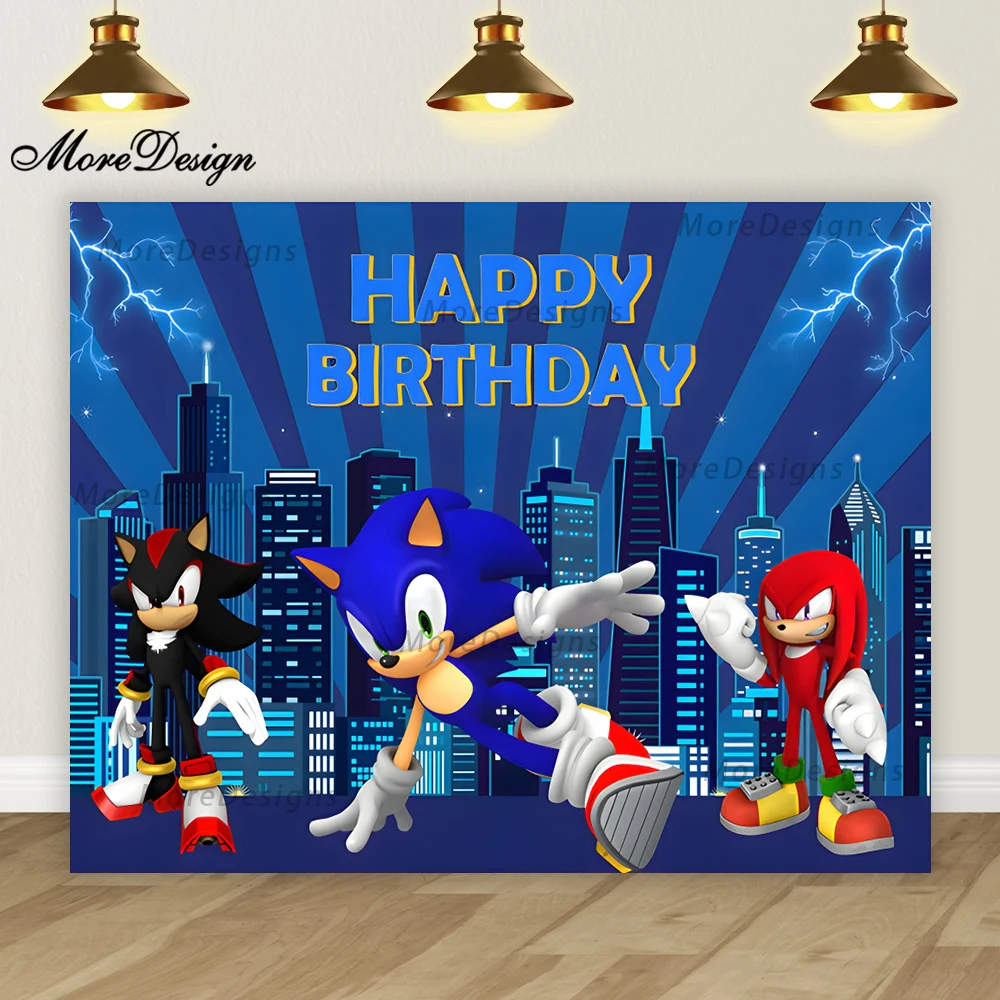 thumbnail image 1 of Fondo de fotografía con iluminación de Sonic Hedgehog, pancarta de cumpleaños para niños, decoración para fiesta de baby shower, fondo de vinilo de poliéster con dibujos animados, 1 of 4