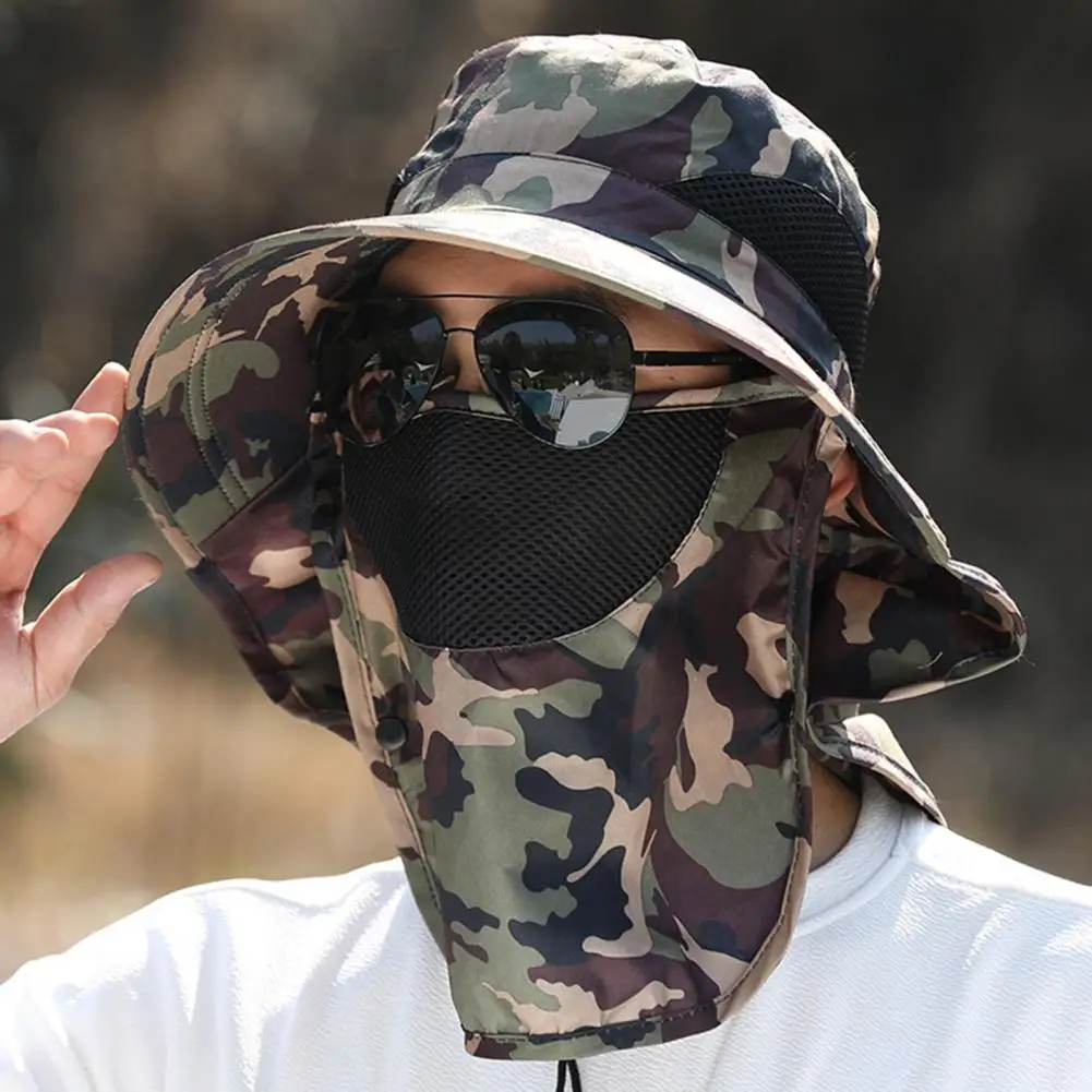 

Men Fishing Hat with Windproof Rope Detachable Neck Flap Breathable Wide Brim Caps Anti-Ultraviolet Camouflage Printed Summer Ou