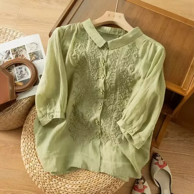 

Embroidered Cotton Linen Ramie Shirt Women's Retro Spring/summer 2023 Loose Blouse Shirt Casual Streetwear