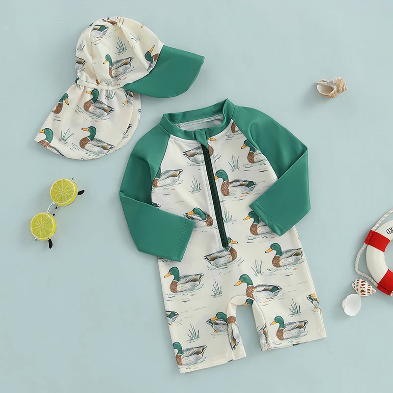 Kids Swimsuits Toddler Kids Boy Rash Guard Swimsuit with Hat 2 Pcs Set Duck Printed Zip Up Long Sleeve Crew Neck Baby Boy Swimwears