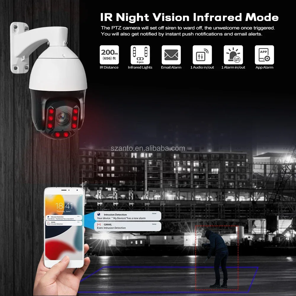 SUNBA 양방향 오디오 25배줌 5MP PoE+ 장거리 IR 최대 1000피트 자동 추적 PTZ IP 카메라 실외 고속 돔형 보안 카메라