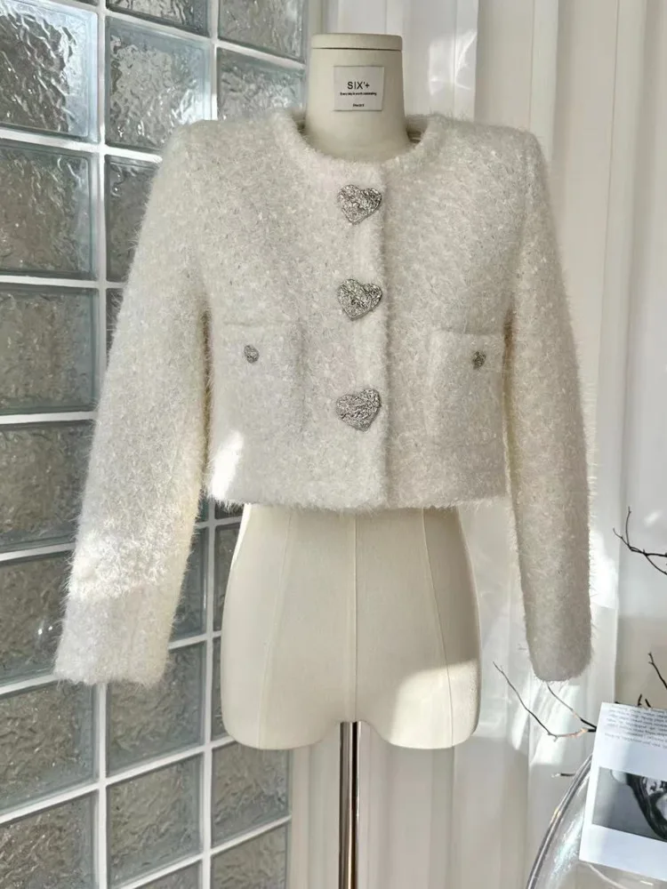 

High Quality Runway Designer O-neck Autumn Winter Short Sleeve Heart Love Buttons Single Breasted Jackets Elegant Short Overcoat