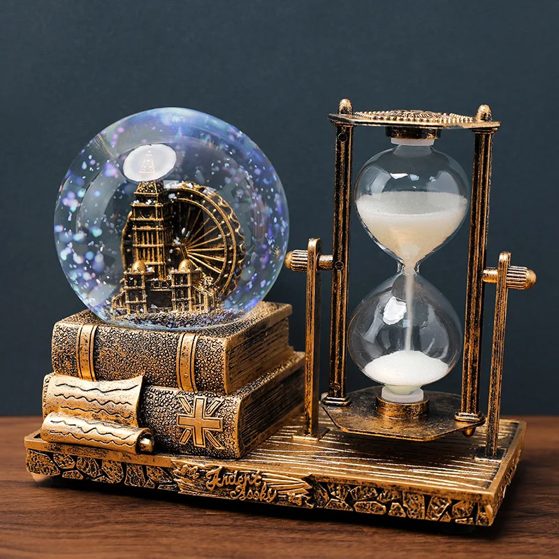 Vintage Iron Tower Hourglass Timer Crystal Ball Music Box Luminous Desktop Decoration Student Graduation Christmas Gift