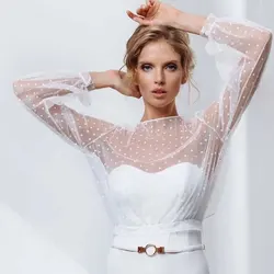 Mingli Tengda Dot Tulle Wedding Jakcet Backless Romantic Removable Women Bolero Full Sleeves O Neck Bride Coat Top Wedding
