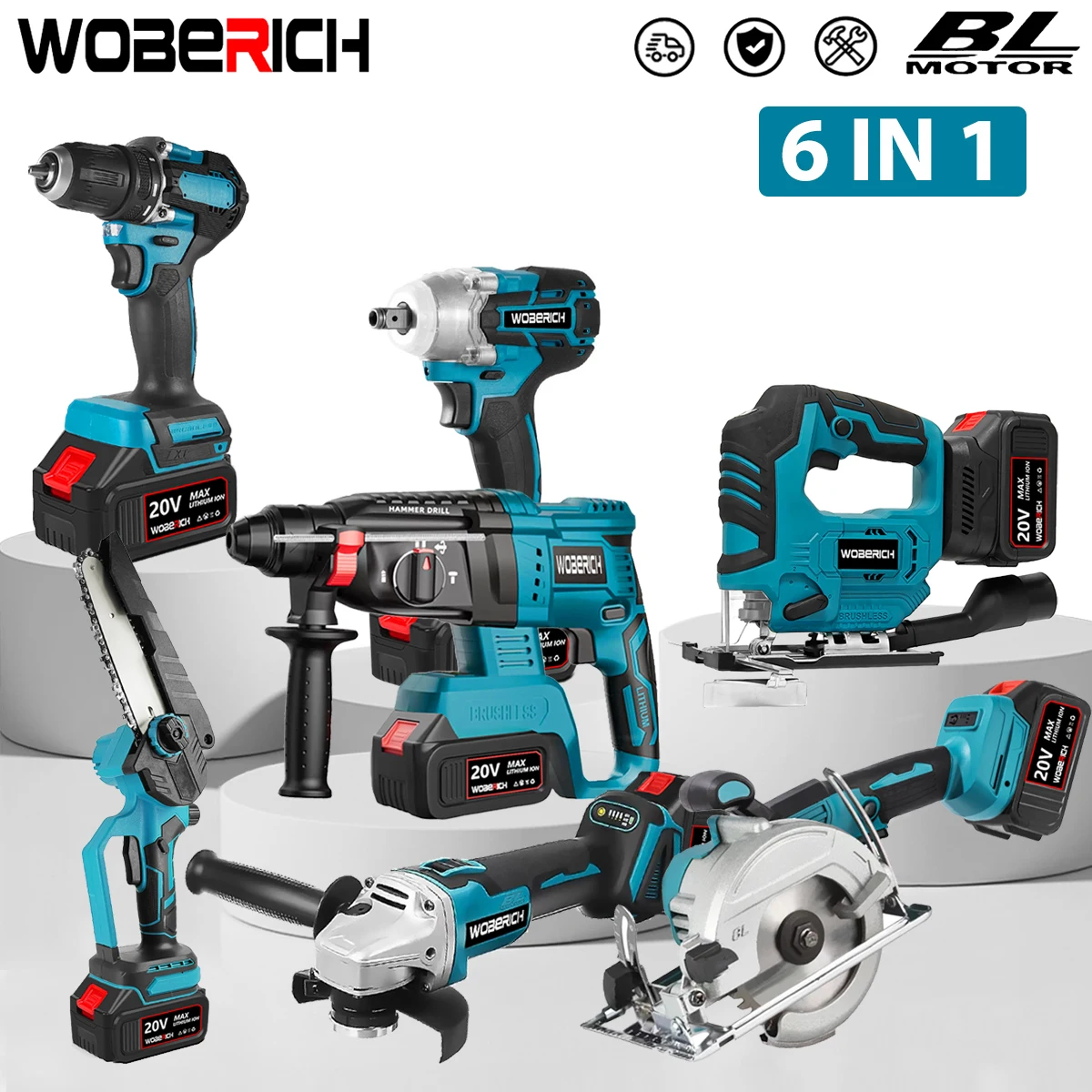 WOBERICH 6 in 1 combo bits power tools brushless electric impact wrench electric jig saw circular saw angle grinder driver drill 2x battery