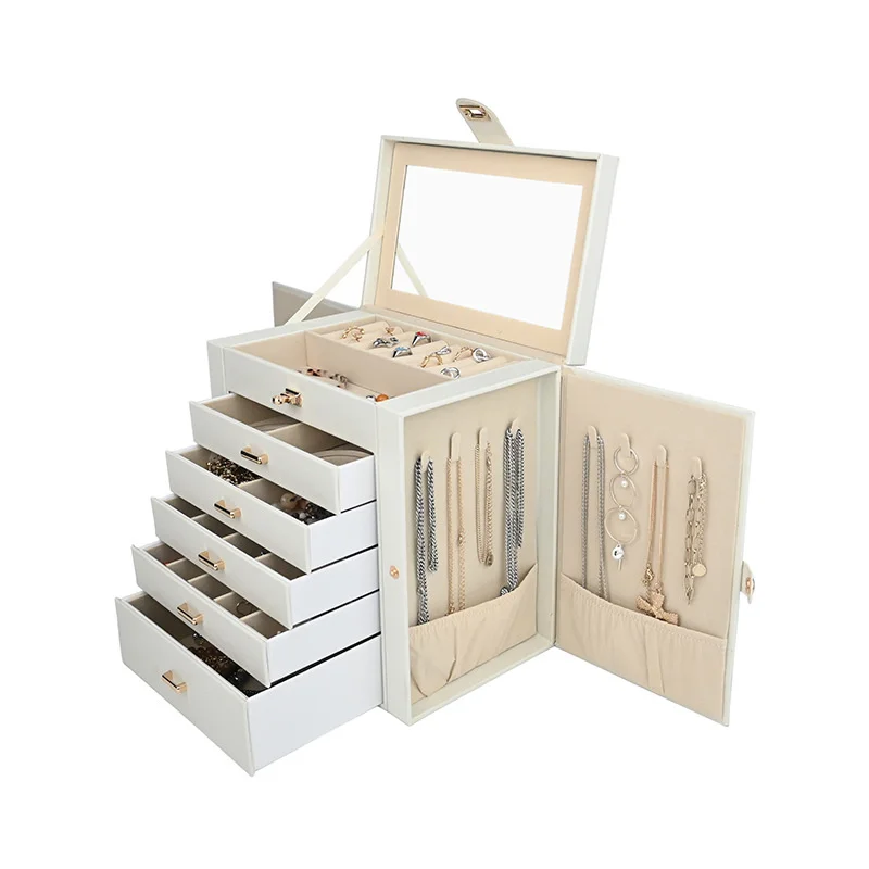 New Large Capacity 6 Layers Jewelry Box with Mirror Leather Earrings Rings Necklaces Jewelry Storage Box Organzers 5 Drawer Gift