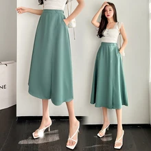 

Long Skirt With Side Split A-line High-waisted Women Midi Skirts Office Ladies Elegant Fashion Black Skirt 2022 Spring Summer