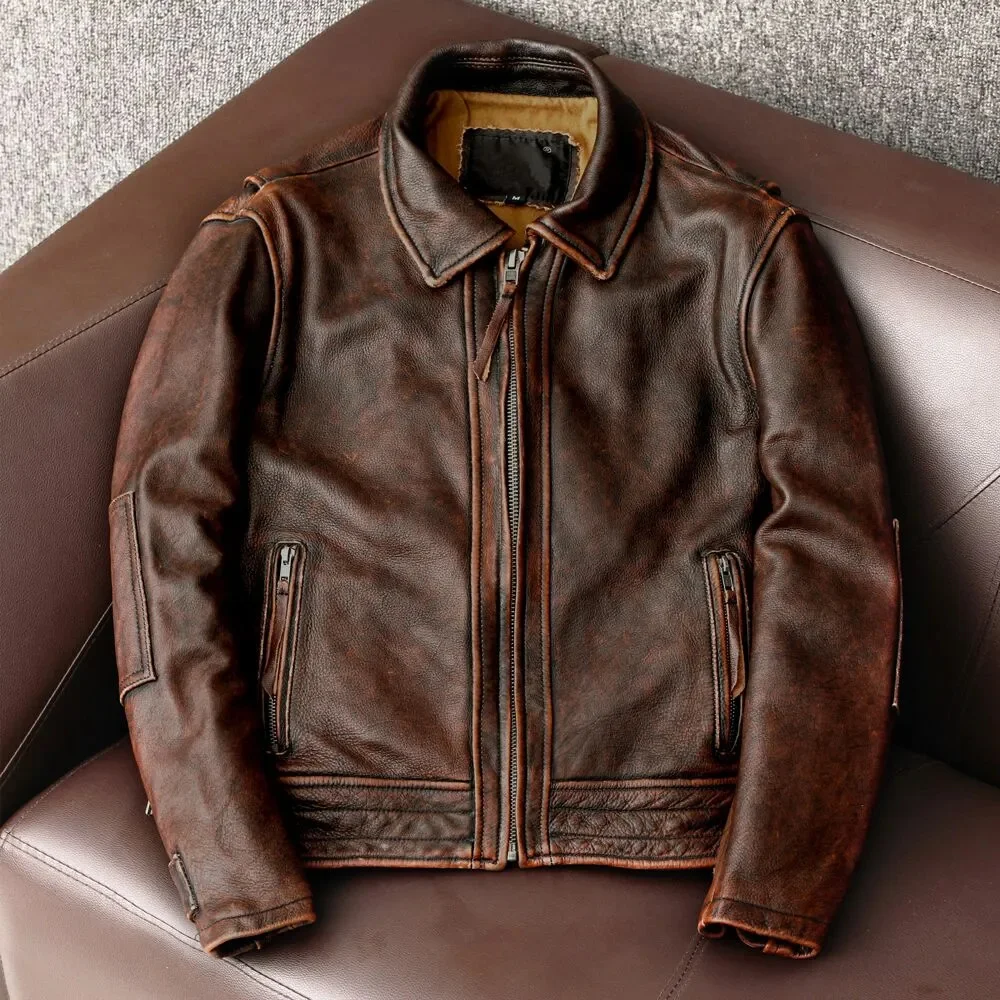 

Swallow Tailed.2023 Brand style thick genuine Leather Vintage Brown Cowhide Coat Men Slim Biker jacket Asian Size S-6XL