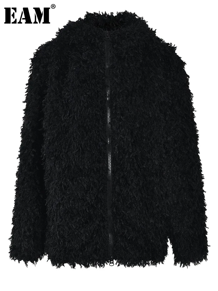 

[EAM] Свободная черная теплая Толстая куртка большого размера, Новая женская куртка с капюшоном и длинным рукавом, модная демисезонная 2024 1DH3328