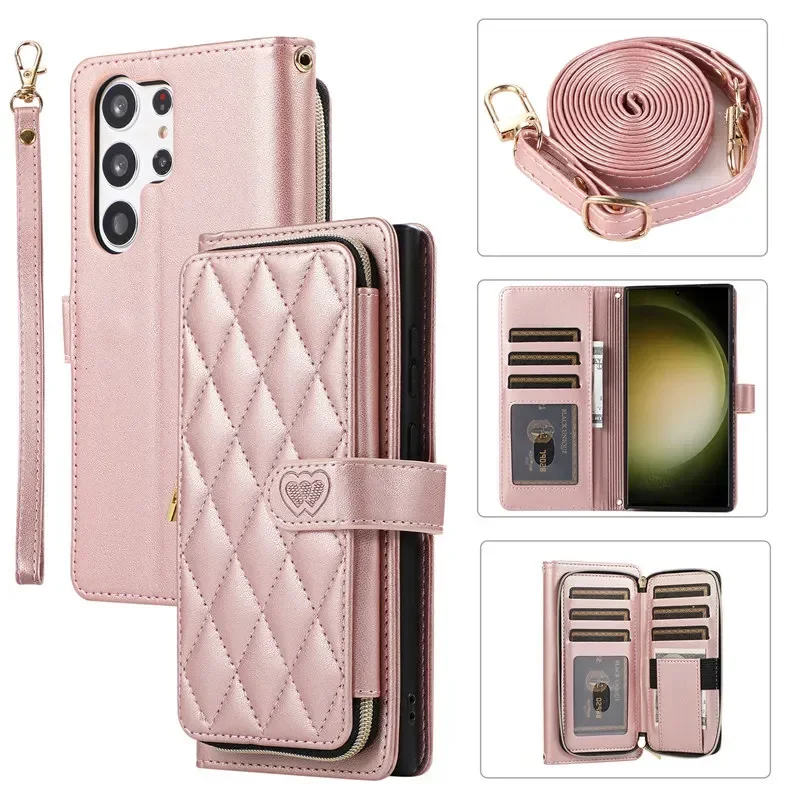 Lanyard Zipper Wallet Flip Leather Phone Case and Purse with Card Holder