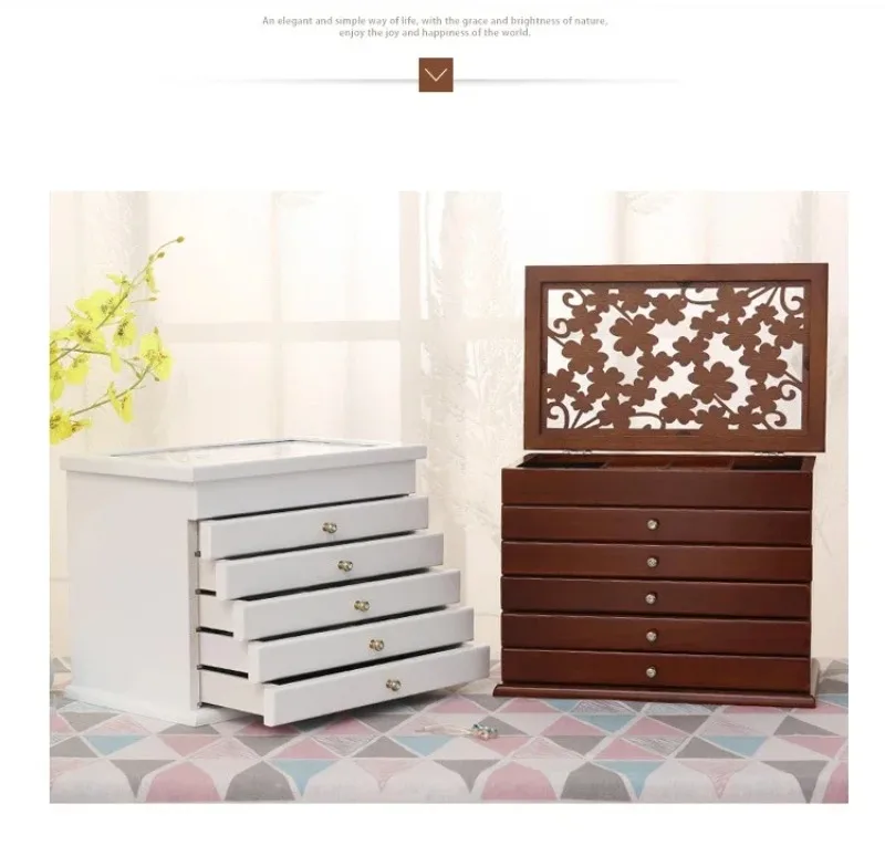 Big Size Wood Jewelry Storage Box Drawer Ring Necklace Jewelry Boxes Organizer Case Earrings Display Bangles Tray Accessories