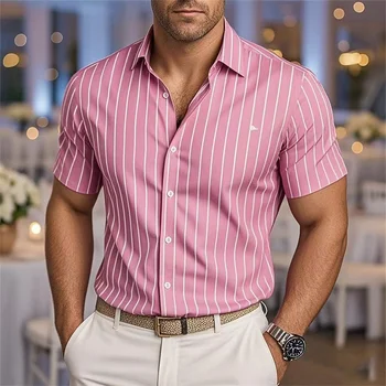Camicia a maniche corte ampia a righe alla moda da uomo Camicia casual traspirante con bottoni con risvolto Top da festival morbido e confortevole 1
