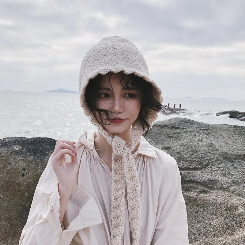 Y2K Autumn and Winter Lace Knit Women's Thunder Feng Hat Japanese Cute Band-brim Woolen Cap Sen Knitted Hat Streetwear 3