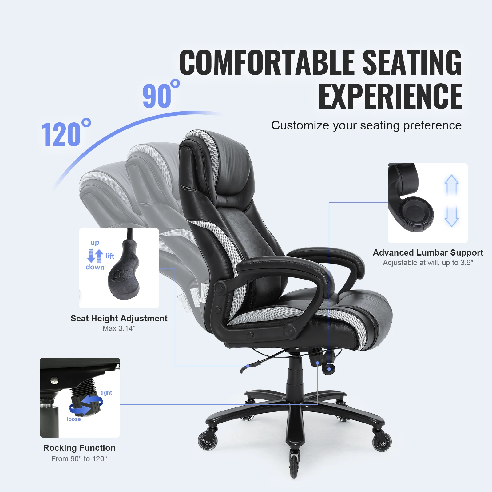 VEVOR Heavy Duty Executive Office Chair with Cutting-edge Adjustable Lumbar Support High Back PU Leather Ergonomic Office Chair 6