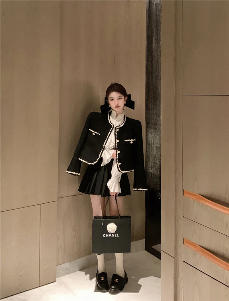 Vintage Tweed Jackets Women Elegant Black Cropped Suit Coat Korean Thicken Blazer Single Breasted Short Outerwear Tops New