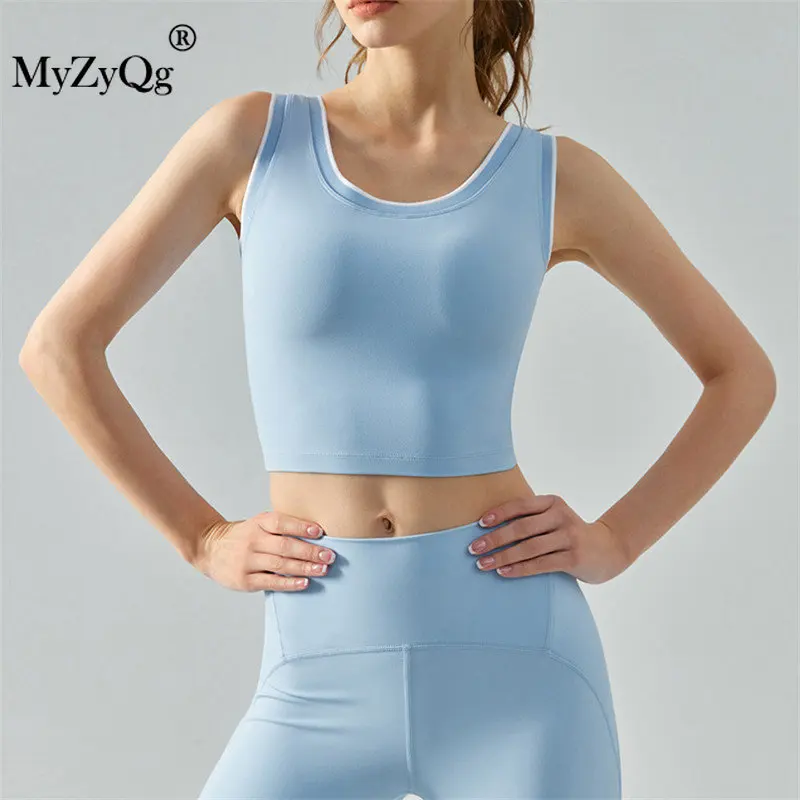 

MyZyQg Women Patchwork Yoga Bras Sports Underwear One-piece Chest Pad Fitness Tank Top Running Quick Dry Crop Top