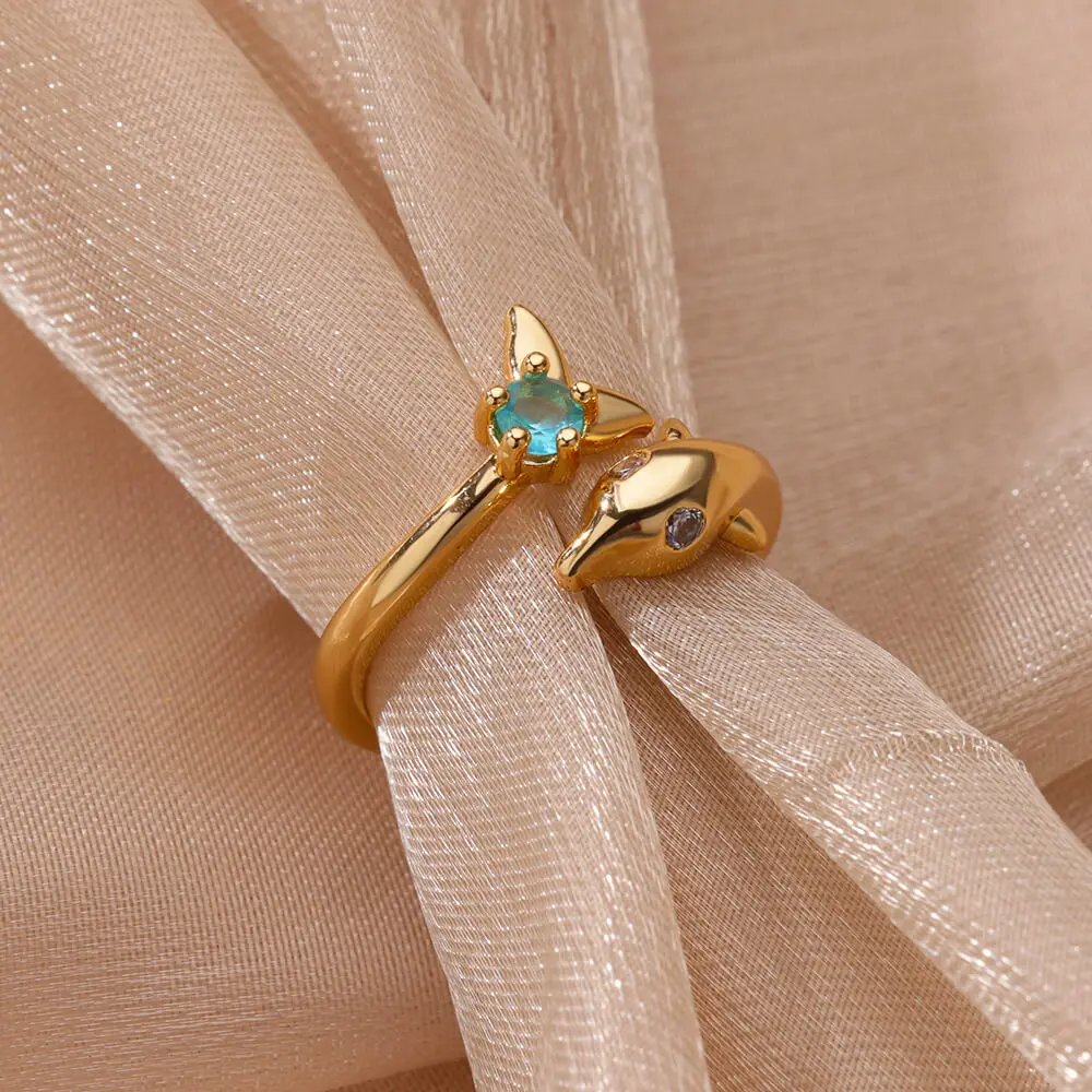 Stainless Steel Dolphin Zircon Open Rings For Women Gold Color