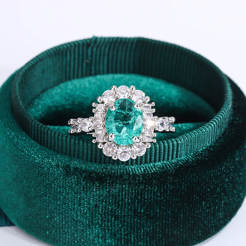 Exquisite Paraiba Green High Carbon Diamond 925 Sterling Silver Ring for Women Double Crystal Anniversary Gift Party Jewelry
