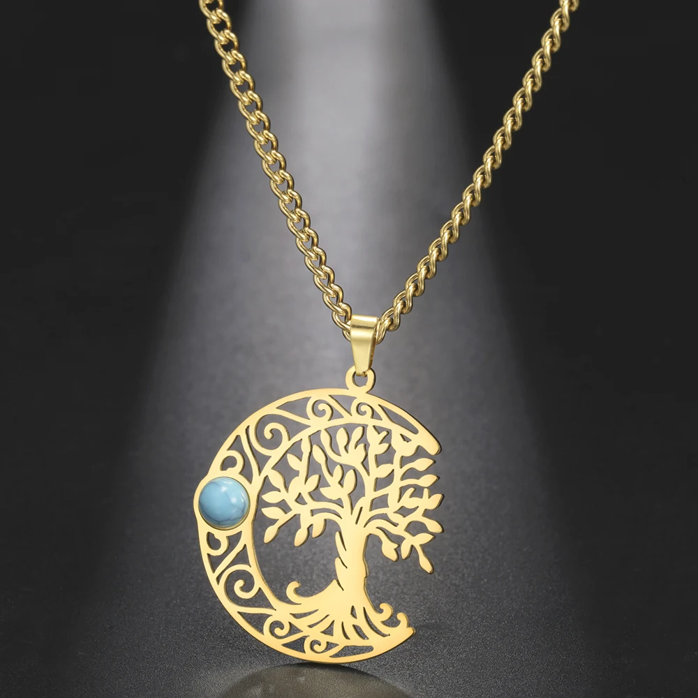 Dawapara Vintage Türkis Halbmond Baum des Lebens Halskette Filigran Celtics Mond Wicca Anhänger Edelstahl Schmuck – Detail 12