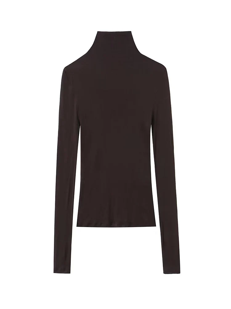 Women Turtleneck Shirts Tops Solid Long Sleeve Blouses Female Spring Autumn Half Transparent  Elegant Stretchy Fashion T-shirt