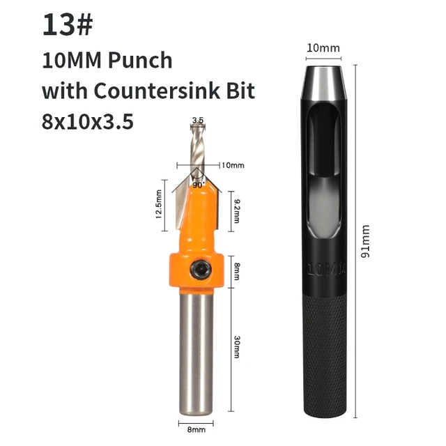 YUSUN 2PCS 8MM Shank Countersink with Punch Router Bit Woodworking Milling Cutter For Wood Face Mill 8x10x3.5with  Punch