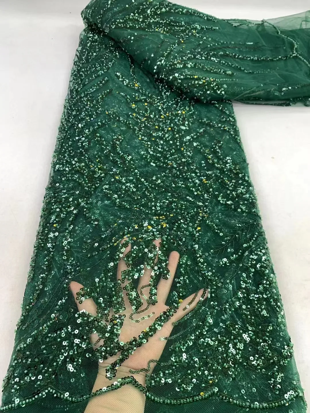 

Green New Handmade Beaded Fabric for Luxury Evening Dresses 2024 Beaded Lace Sequins Tulle Lace Mesh Embroidered Material Cloth
