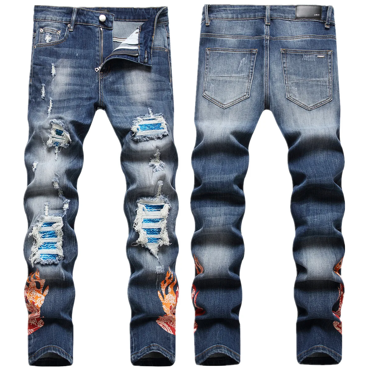 

Autumn and winter new ripped jeans men's embroidered print elastic slim feet AM pants trend