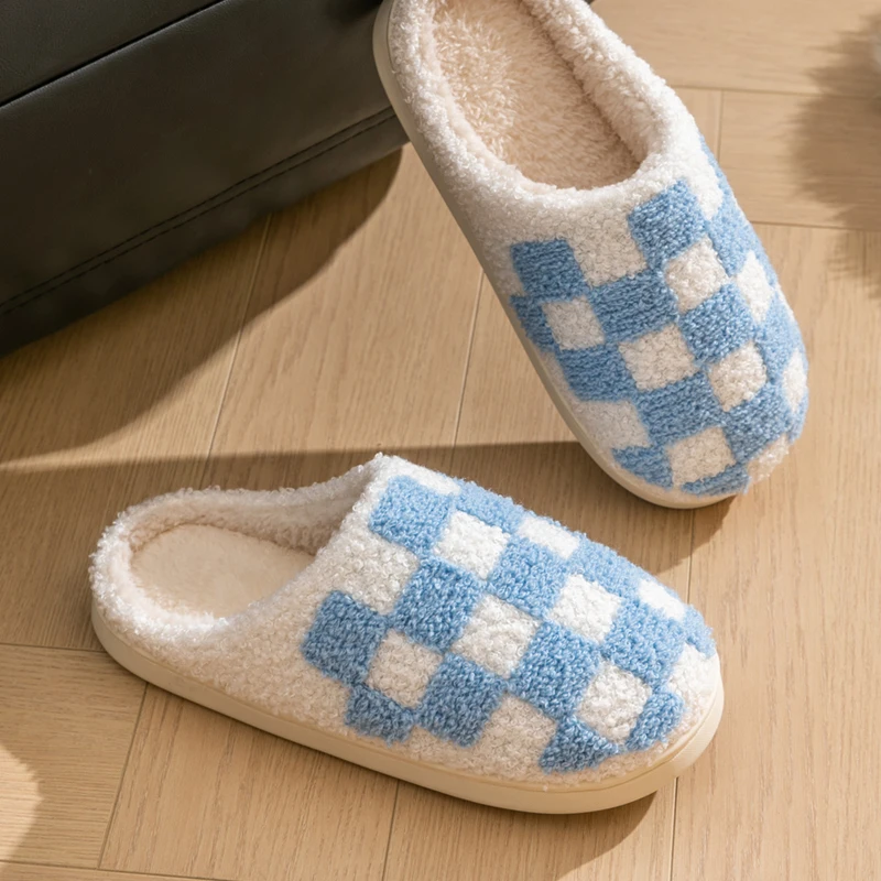 Non Slip Slippers Fashion Men Winter Plush Warm Plaid Slippers Thick Soft Slides Indoor Bedroom Flat Home Non-slip Shoes for Couples in Winter