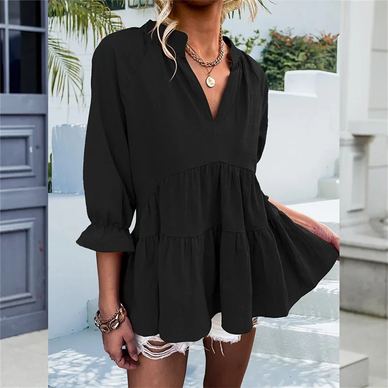Women New Layers Patchwork Pleated Hrm Shirt Lantern Seven-quarter Sleeve Deep V Neck Pullover Blouse Female Commuter Loose Tops