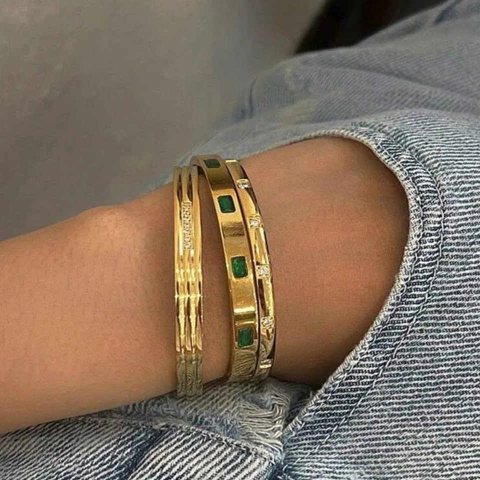 Yupsk 1/3pcs Gold Color Stainless Steel Bracelet Set for Women Shiny Geometric Green Zircon Bangle Stacked Jewelry Gifts 3