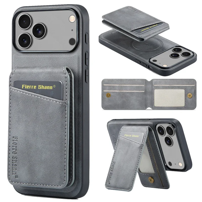 Magnetic Detachable Leather Wallet Phone Stand with Wireless Charging Compatibility